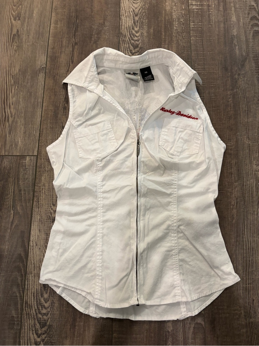 Vintage Bedazzled Harley-Davidson White Sleeveless Zip Front Shirt